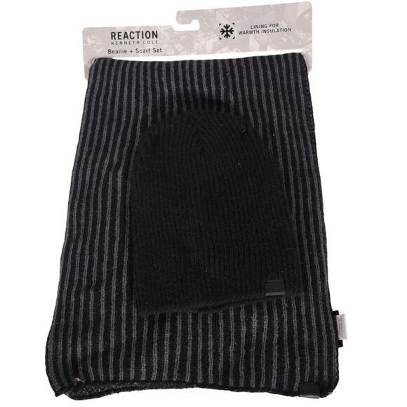 Kenneth Cole Reaction Striped Knit Scarf and Beanie Set - Black/Gray - NWT - Picture 2 of 3